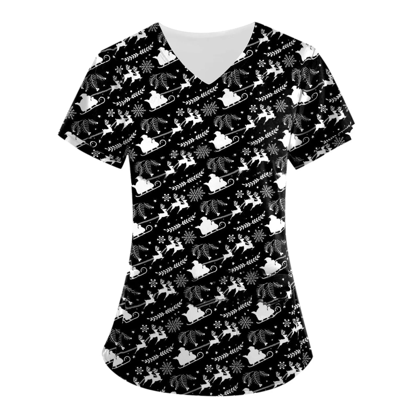 Christmas Clinical Uniform Woman Cartoon Print Uniforms Casual V-Neck Nurse Uniform Woman Tops With Pocket Scrub Tops