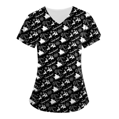 Christmas Clinical Uniform Woman Cartoon Print Uniforms Casual V-Neck Nurse Uniform Woman Tops With Pocket Scrub Tops