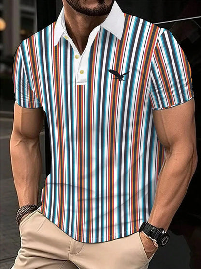 Men's Polo Shirt Summer Outdoor Casual Round Neck Short Sleeve Top Striped Printed Style OverSize T-shirt Loose Men's Clothing