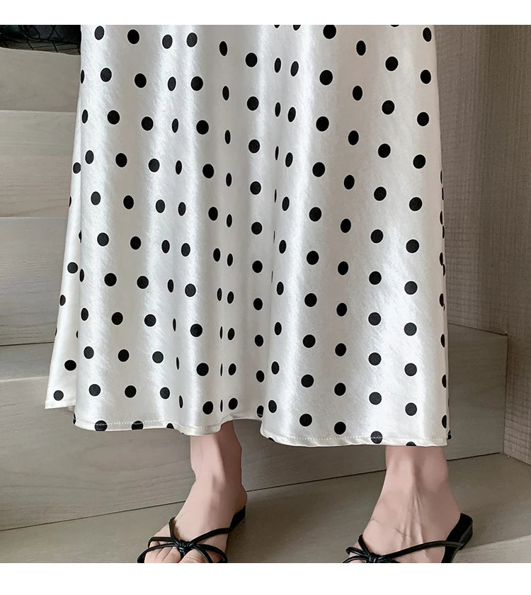 Seoulish High Waist Elegant Dots Printed Satin Women's Long Fishtail Skirts New Loose Office Mermaid A-line Skirts Female