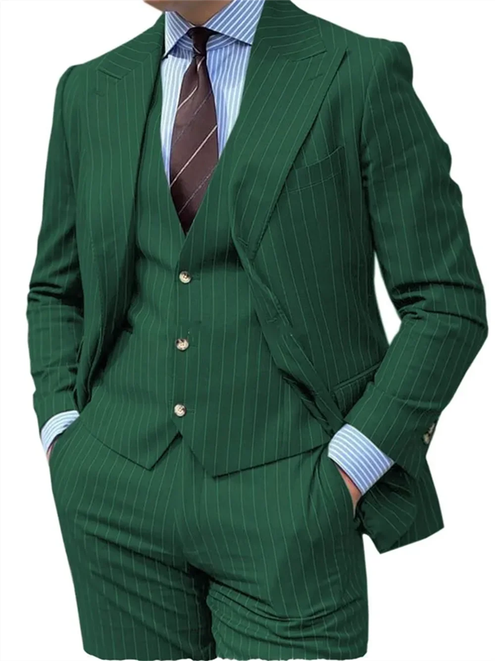 3 Pieces Grey Stripe Design Men Suits Peaked Lapel Formal Business Man Blazer  Groom Tuxedo Classic Fit Male Outfit