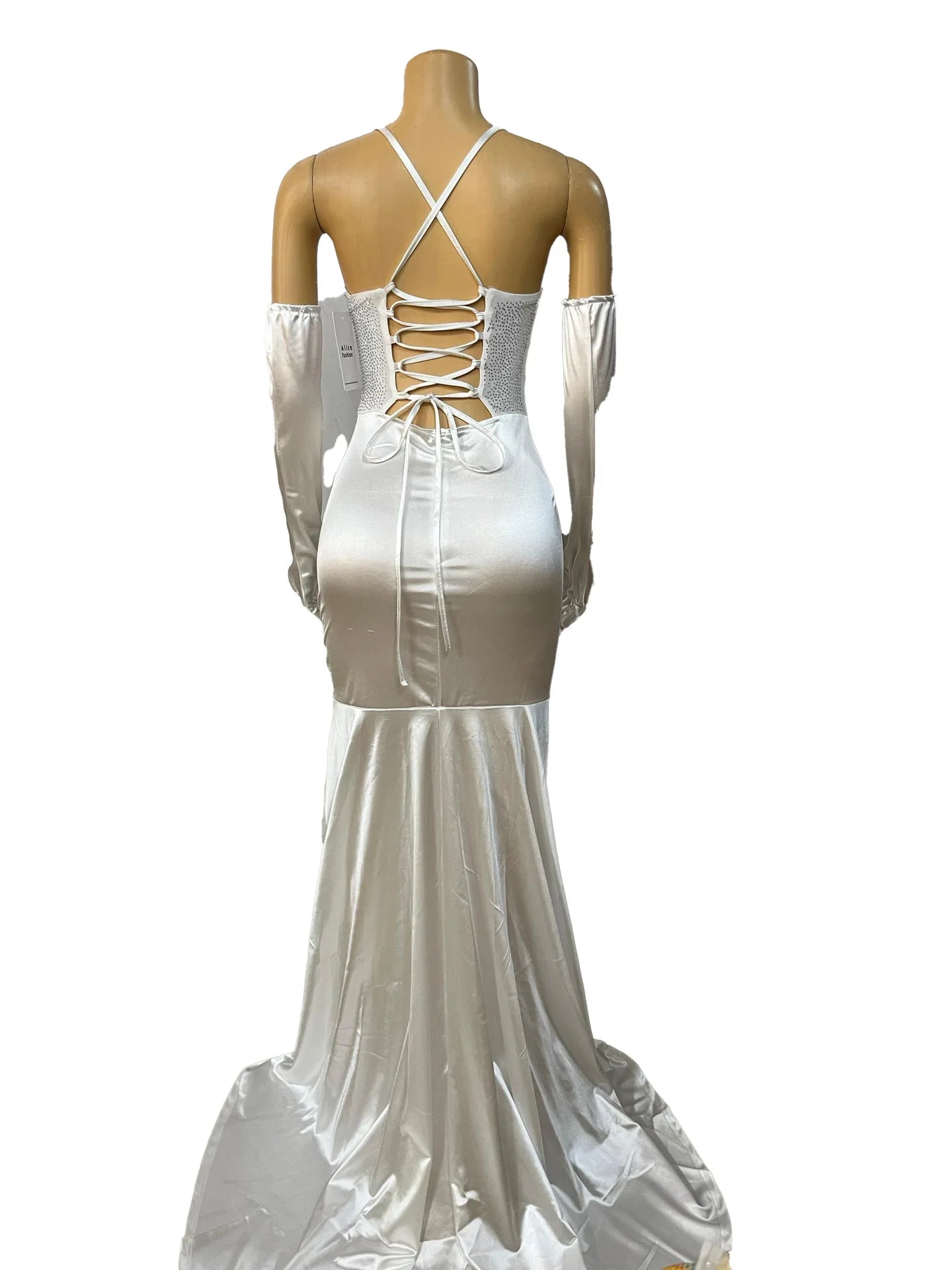 Women Sexy V-neck Lace Up Halter Backless Bodycon Birthday Dress Diamonds Corset Floor-length Evening Party Dresses with Gloves