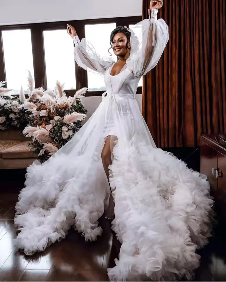 Puffy Wedding Robe Tulle Long Sleeves Ruffles Bathrobe Bride Women Gowns Bridal Boudoir Maternity Prom Dress Photoshoot