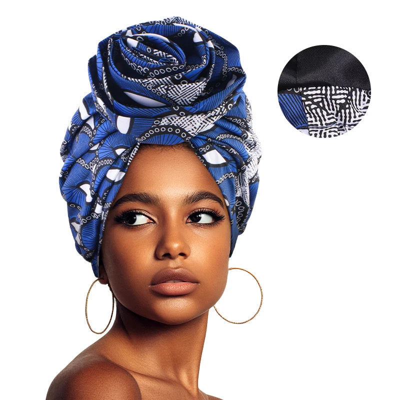 Woman African Satin Lined Turban Cap Big Flower Hat Floral Printed Headwrap Bonnet Muslim Headscarf Ladies Beanies