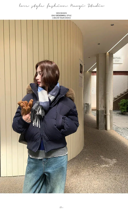 Casual Warm Fur Hooded Cropped Parkas Chic Streetwear Korean Style Down Cotton Coat Thicken Short Women's Winter 2025 Jacket