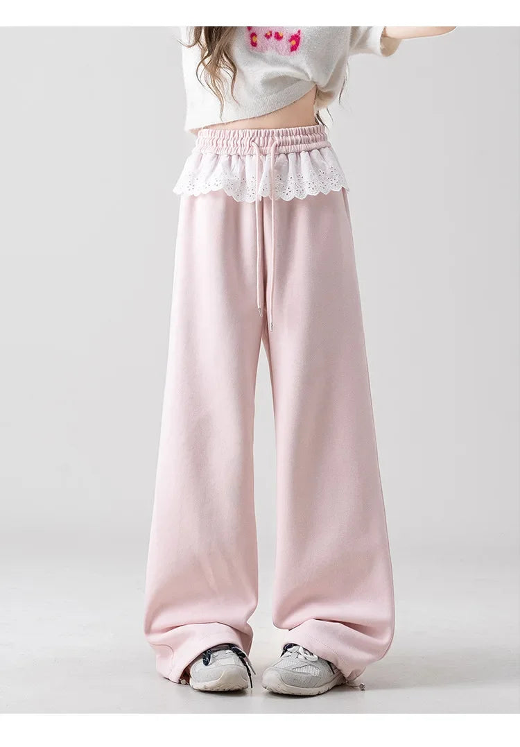 Pink Lace Splicing Design Wide Leg Pants Women's Loose Casual Sweatpants Spring New Style Slimming Effect Comfortable Fit