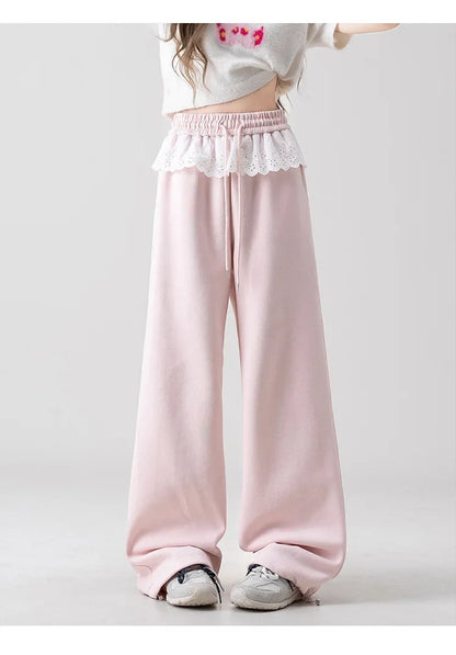 Pink Lace Splicing Design Wide Leg Pants Women's Loose Casual Sweatpants Spring New Style Slimming Effect Comfortable Fit
