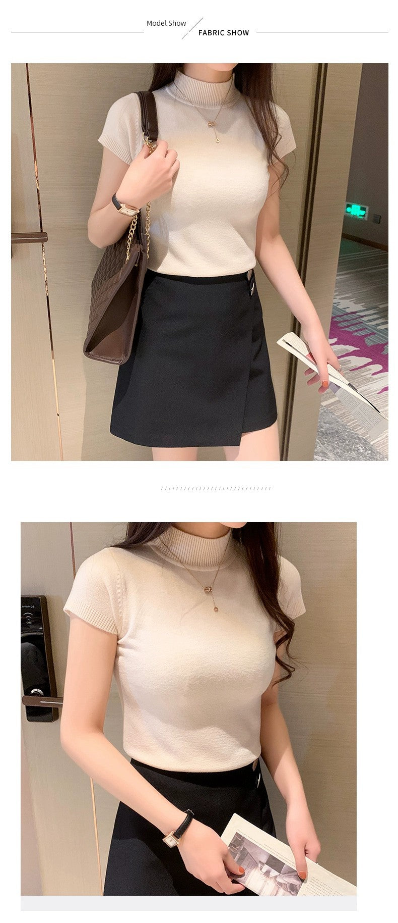 Half Turtleneck Summer Knitting Solid Color Suit Spring and Autumn Short Sleeve