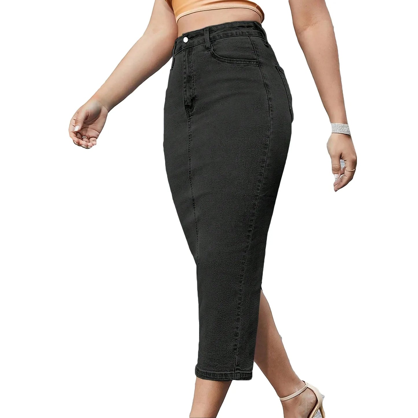 Women's High Waist Denim Hip Hugging Slim Fit Back Slit Skirt With Pockets Elegant Long Denim Skirts Summer Fashion Long Skirt