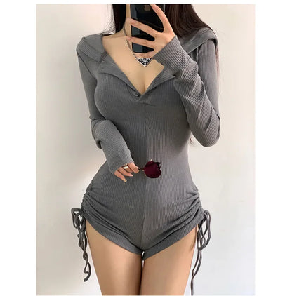 American Style Casual Hooded Jumpsuit Women's Slimming Fitness Clothes Tight High Waist Long Sleeve Yoga One-Piece Suit