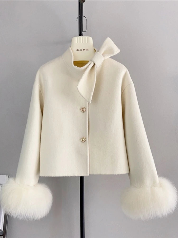 2025 & 2026 New Winter Real Natural Fox Fur Cuff Coat Ladies Outwear Female Coat Cashmere Wool Woolen Women Luxury Jacket