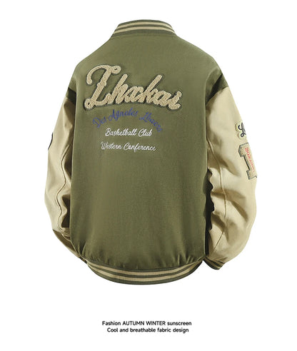 Hip Hop Men's Suede Embroidered Varsity Jacket Color Block Letter Graphic Long Sleeve Baseball Jacket Bomber Coat