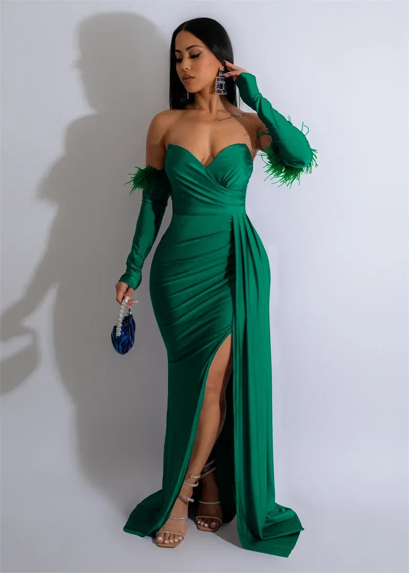 Sexy Off Shoulder Strapless Evening Long Dresses Women Elegant Party Formal Mermaid Wedding Dinner Guest Dress with Oversleeve