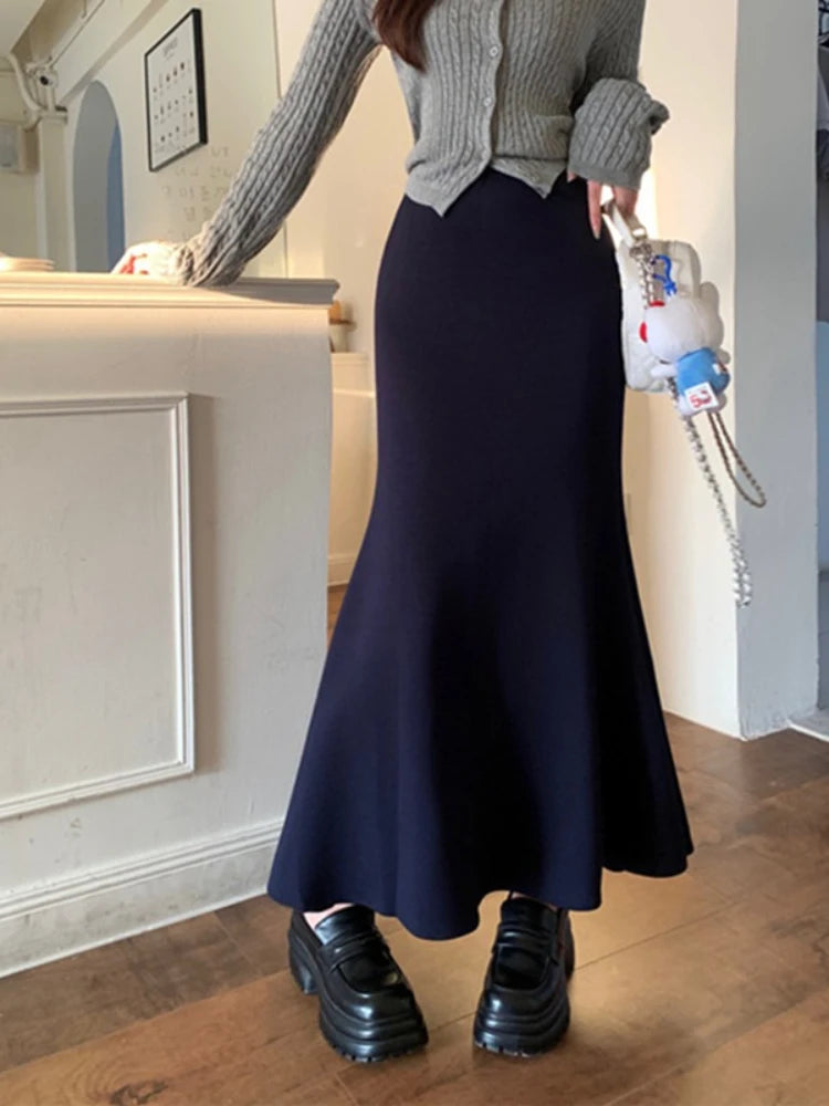 Solid Vintage Temperament Package Hip Skirts Elastic High Waist Simple Spring Autumn 2026 Fish Tail Skirt Casual Slim Long Skirt