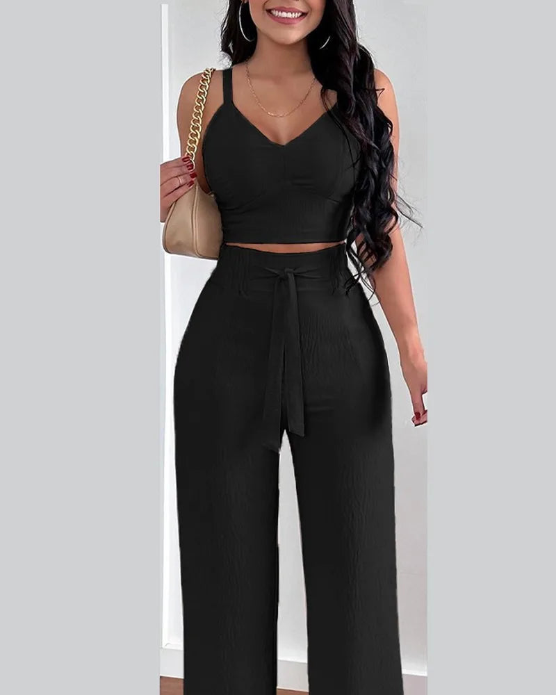 2 Piece Outfits For Women 2025 Sexy V-Neck Strap Shirred Slim Crop Top & Lace-up Wide Leg Pants Sets Elegant Office Lady Suit