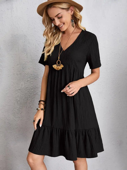 Elegant Solid V Neck A Line Dress 2024 New Summer Ruffles Loose Mini Dress Casual Short Sleeve Beach Party Vestidos Streetwear