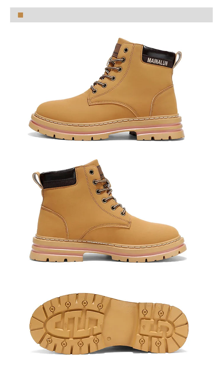Classic Men High Top Boots High Quality Yellow Leather Boots Fashion Outdoor Sneakers Men Lace Up Non-Slip Ankle Boots for Men