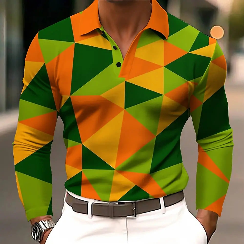 2025 Fashion Men's Stripe Gradient Long Sleeve Polo Shirt Breathable Casual Tops Slim Fit Quick Drying Classic Collar Polo Shirt