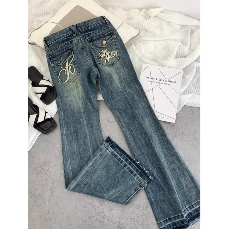 American Retro Low-waisted Jeans Female Autumn New Embroidery Old Casual Fashion Temperament Slim Joker Bell Bottoms.