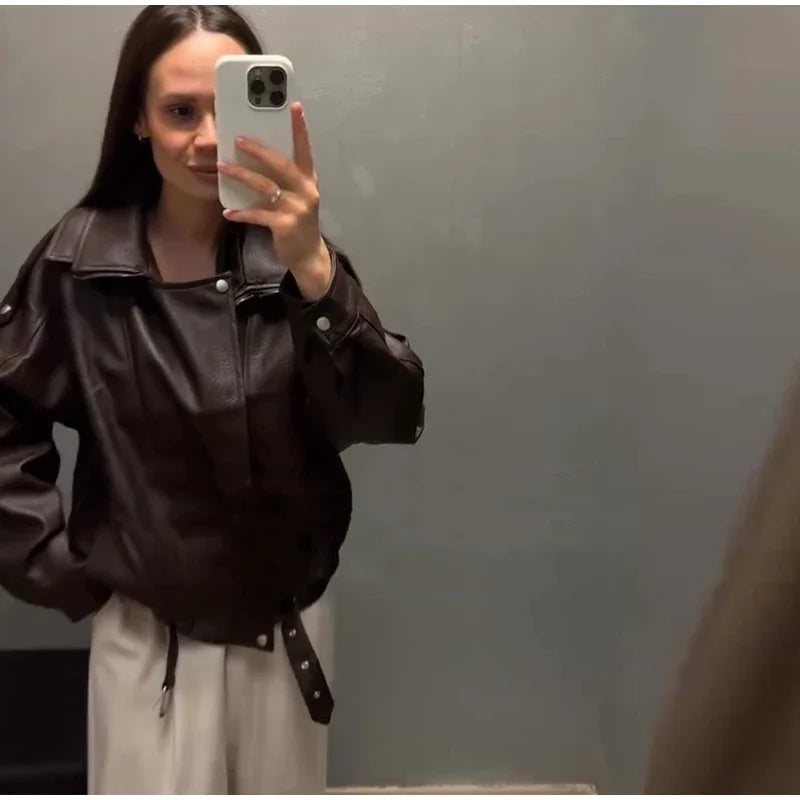 Vintage Zippers Short Leather Jackets Women's Casual Lapel Button Pockets Full Sleeve Coat 2025 Autumn New Lady Chic Streetwear