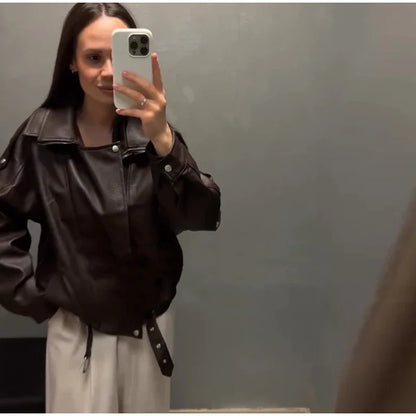Vintage Zippers Short Leather Jackets Women's Casual Lapel Button Pockets Full Sleeve Coat 2025 Autumn New Lady Chic Streetwear
