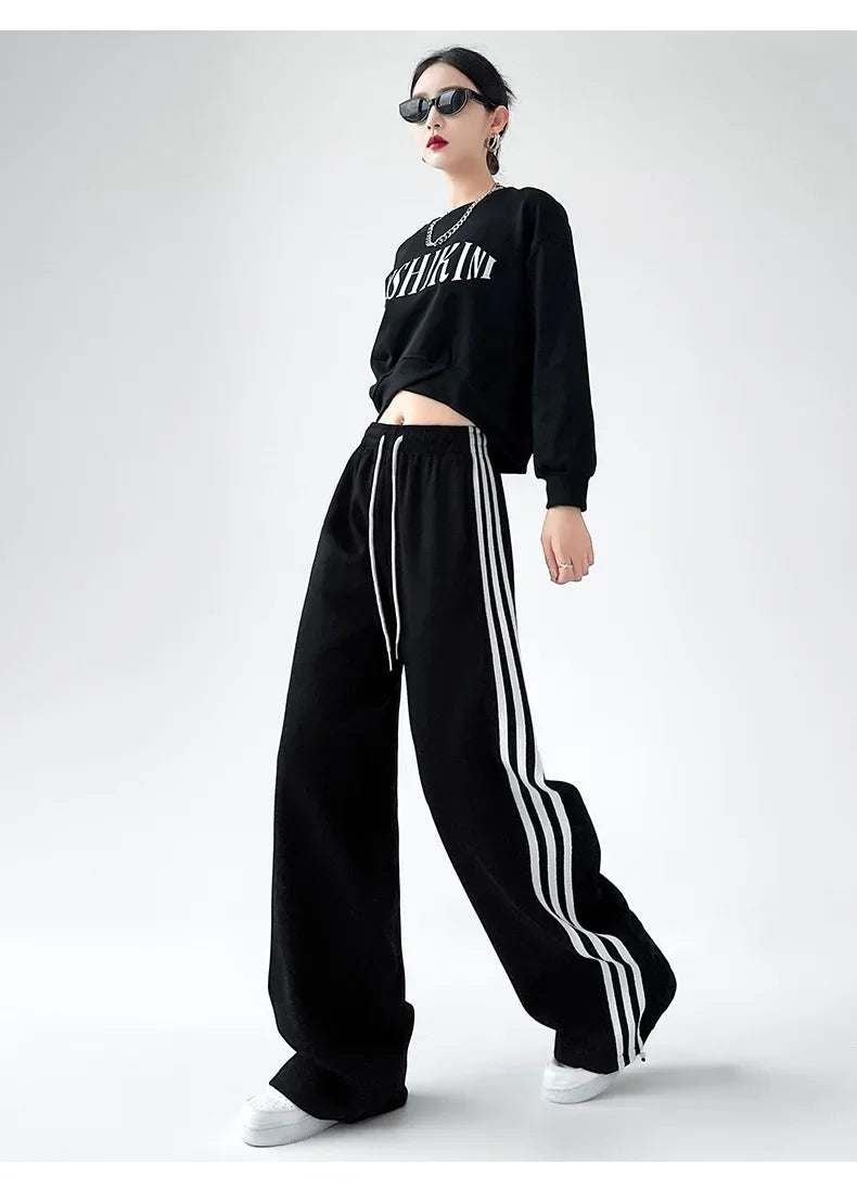 Black Striped Sports Pants Women's Spring Autumn Wide Leg Casual Loose High Waist Straight Leg Sweatpants