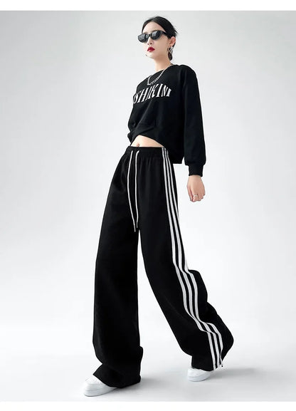 Black Striped Sports Pants Women's Spring Autumn Wide Leg Casual Loose High Waist Straight Leg Sweatpants