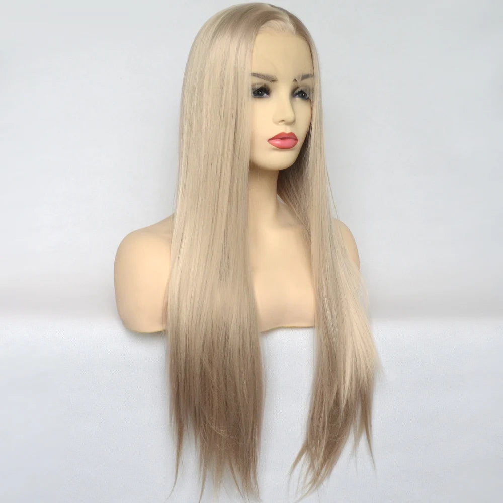 Voguequeen Platinum Blonde Synthetic Lace Front Wigs Silky Straight Heat Resistant Fiber Daily Wear For Women