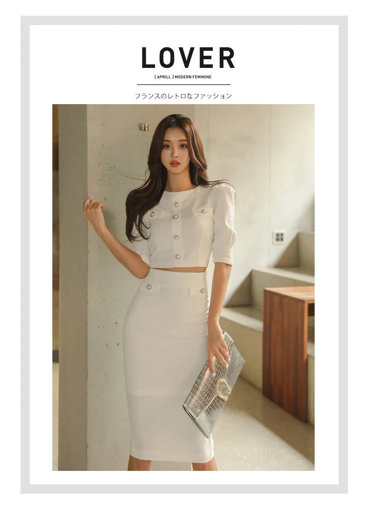 H Han Queen Hot Sale Spring White 2 Pieces Set Women Short Tops + High Waist Pencil Skirts Casual Simple Office Lady Skirt Suit
