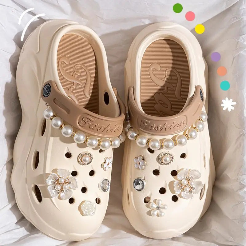 Summer Fashion Pearl Chain DIY Clogs Women 2025 Chunky Platform Slip On Sandals Women Thick Bottom EVA Slippers Shoes Woman Heel
