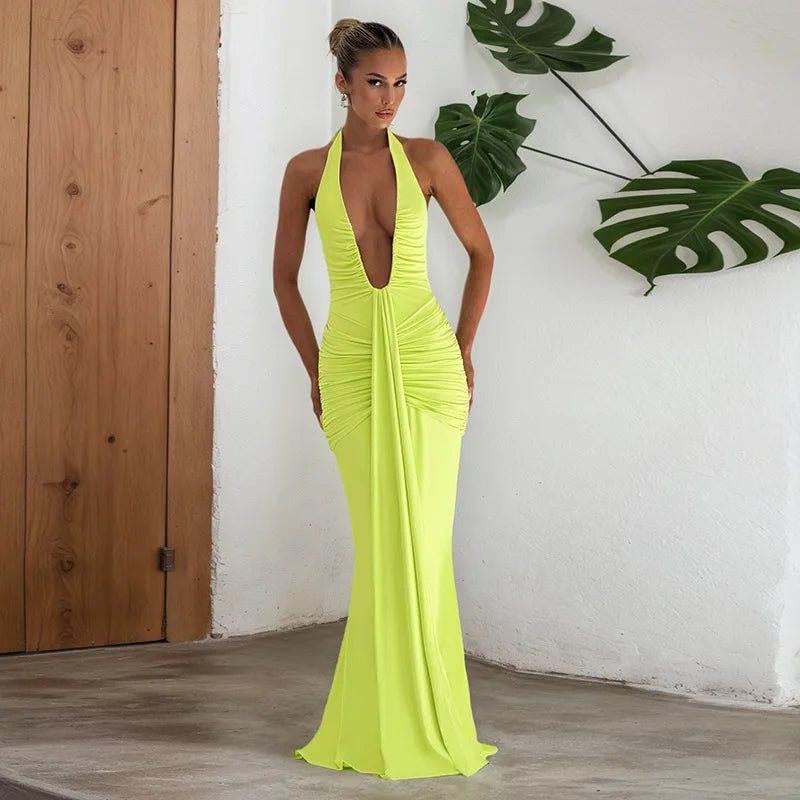 Sexy Deep V-neck Backless Halter Maxi Dresses Women's Sleeveless High Waist Bodycon Pleated Robe 2025 New Evening Party Gown