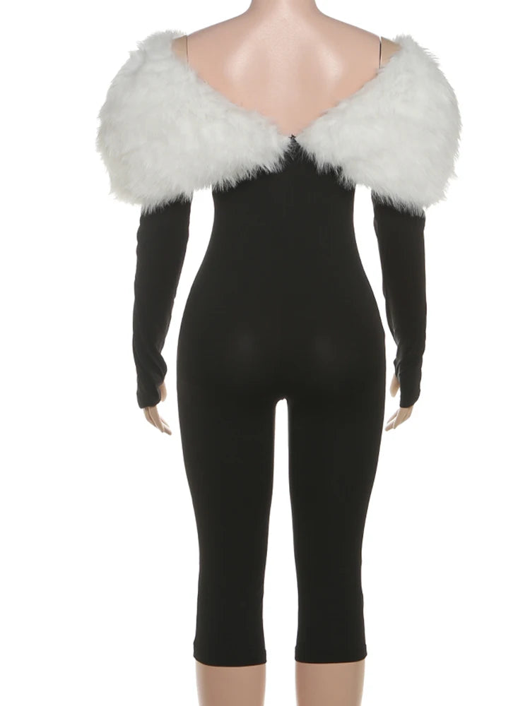 Nibber Furry Patchwork Jumpsuit Woman Slash Neck Sexy Hollow Full Sleeve Backless Slim Peach Hip Hottie Street Fashion Overalls