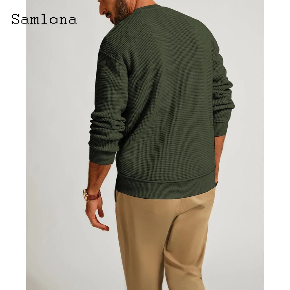 Samlona Men Retro Knitted Sweaters Vintage Jumpers 2025 Autumn Basic Top Pullovers Mens Long Sleeve Fashion Knitting Sweater New