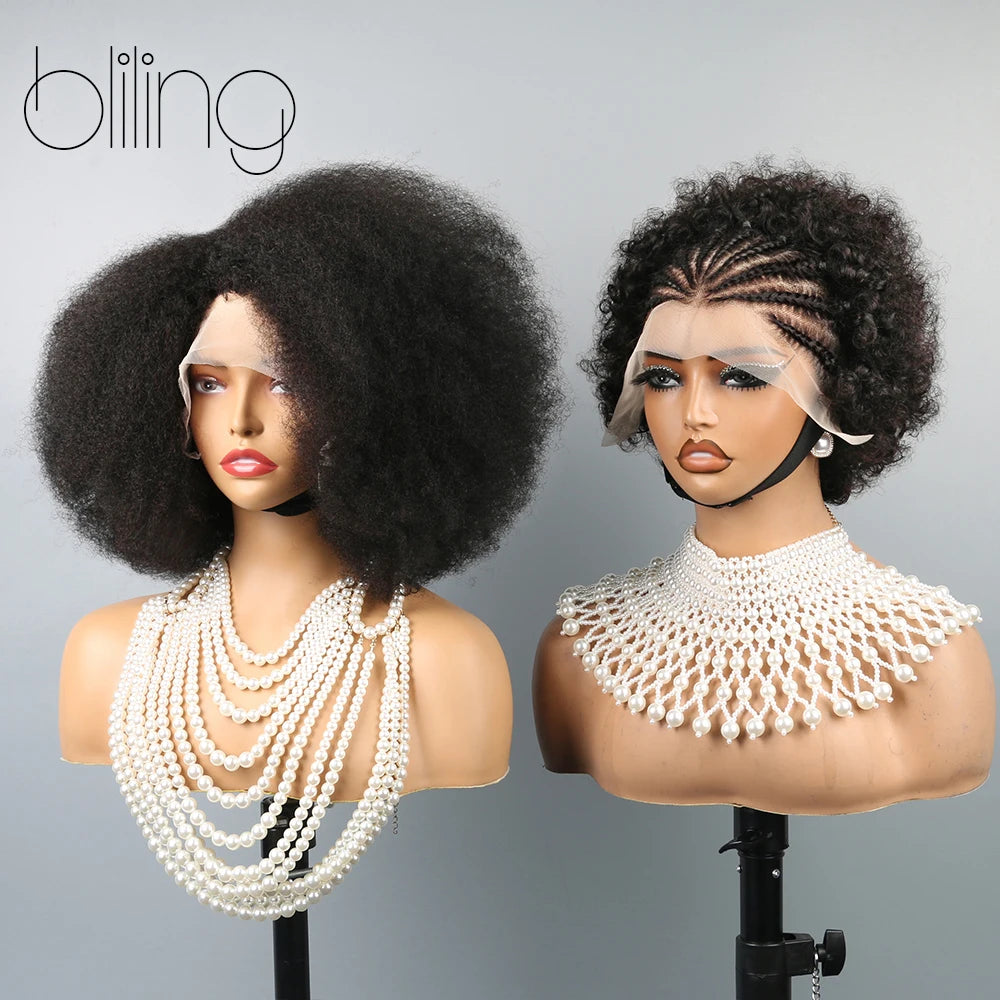 Afro Kinkycurly Wig Human Hair, 13x4 Lace Front Glueless Bob Wigs, 180 Density Pre Plucked Transparent Lace Frontal Wig