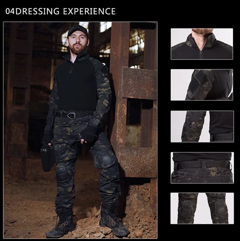Men's Outdoor Tactical Shirts Long Sleeve Outfit Combat Shirt 1/4 Zipper Ripstop Tops Workwear pullover Camo Airsoft T-Shirts