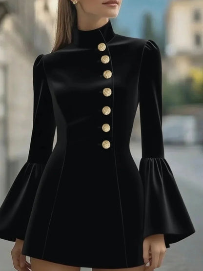 Autumn temperament slim solid colour stand-up collar flared sleeve single-breasted suit dress
