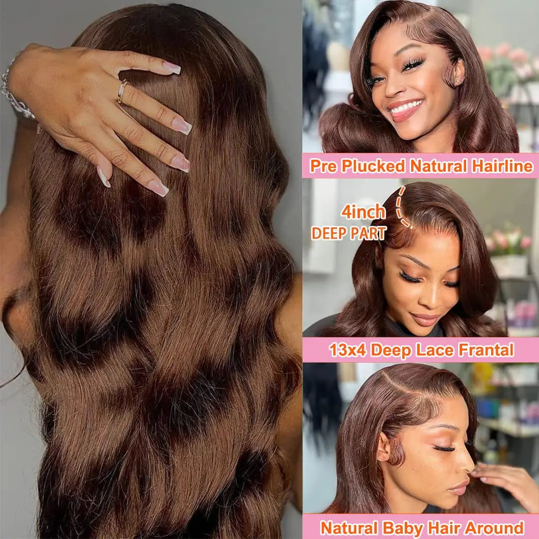 Body Wave Chocolate Brown Lace Front Wigs Human Hair Pre Plucked Brazilian Brown Virgin Hair Glueless HD Frontal Wig For Women