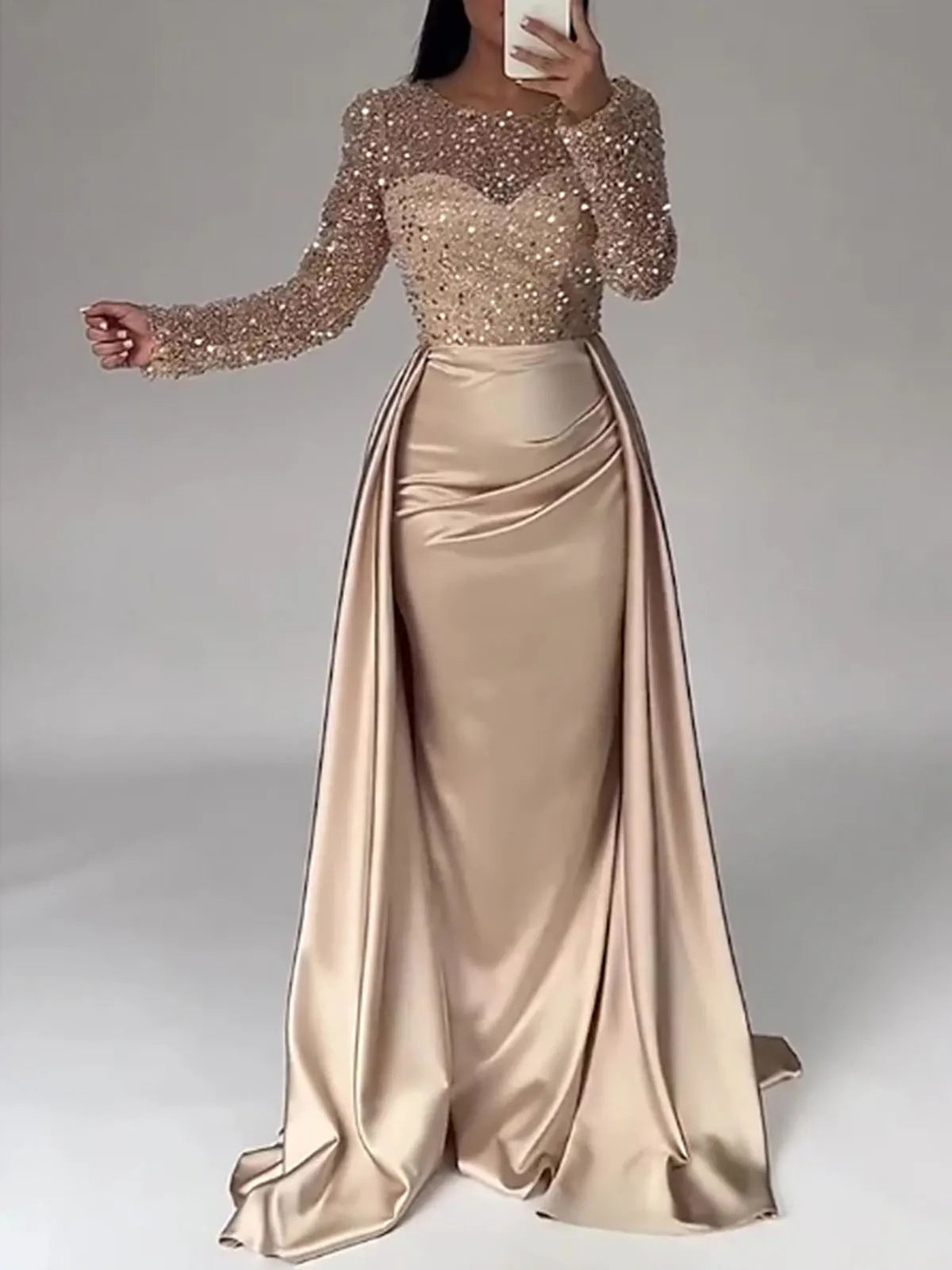 Women's Luxurious Sequins Evening Dress Round Neck Ruched Tiered Bodycon Maxi Dress For Female Prom Wedding Host Elegant Dresses