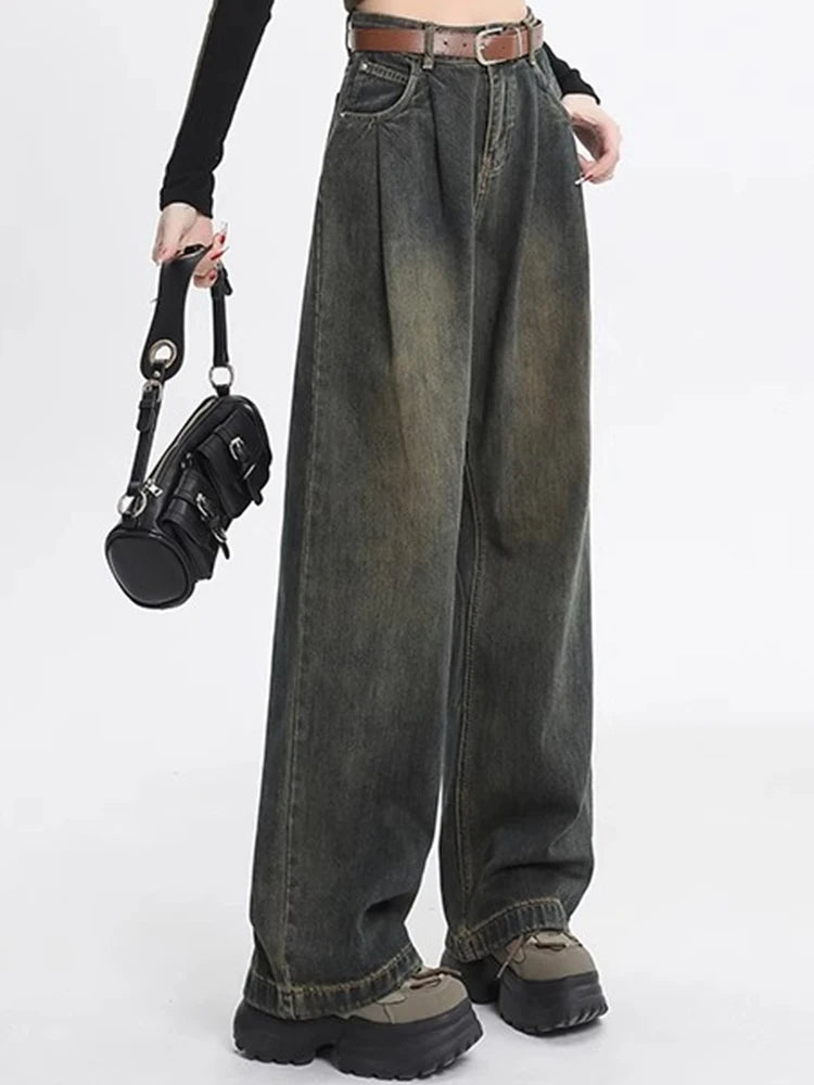 Woman High Waist Straight Leg Jeans Lady Loose Denim Wide Leg Pants Girls Korean Khaki Retro Blue Light Blue Gray White Trousers