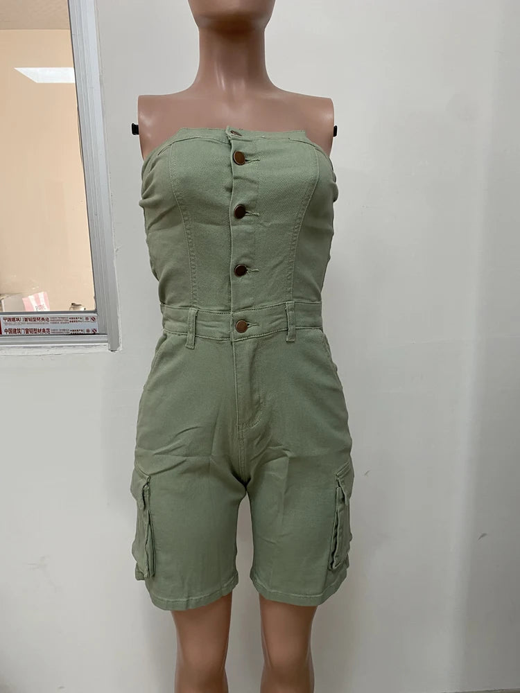 Sexy Strapless Button up Denim Romper Women Short Overalls 2025 Summer Street Casual Sleeveless Cargo Jean Jumpsuit with Pockets