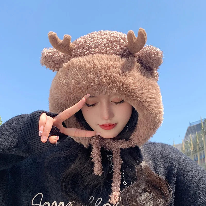 Knitted Hat Beanie Winter Warm Fleece Lined Reindeer Antlers Korean Style Cute Christmas Party Women Girls Thickened Thermal