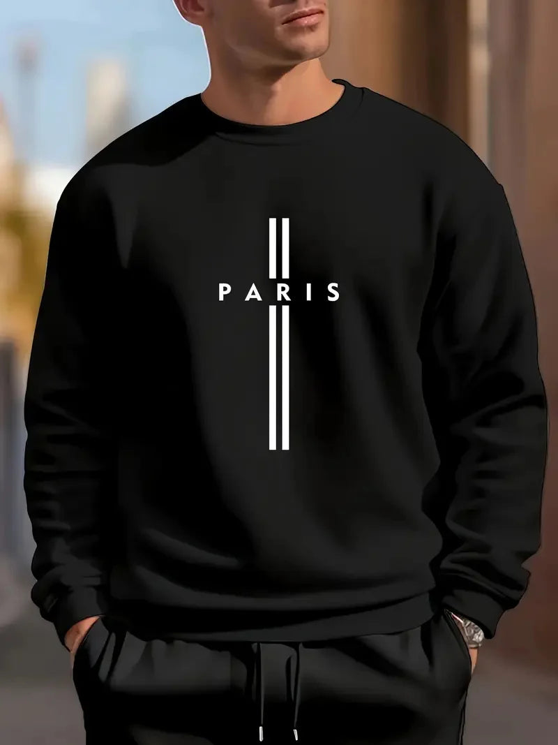 Men's autumn and winter fashionable casual loose Paris letter print fleece pullover long sleeved round neck sweatshirt