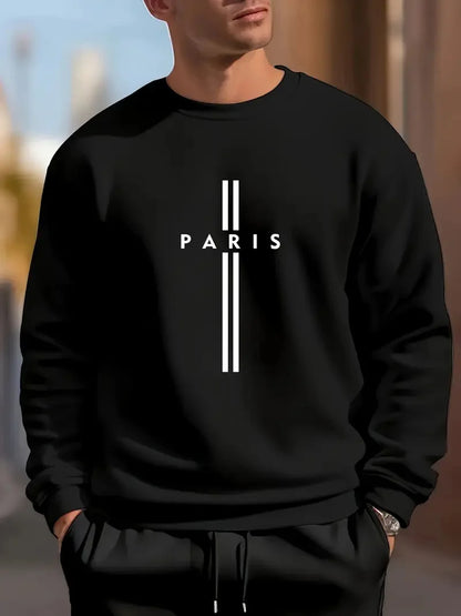 Men's autumn and winter fashionable casual loose Paris letter print fleece pullover long sleeved round neck sweatshirt