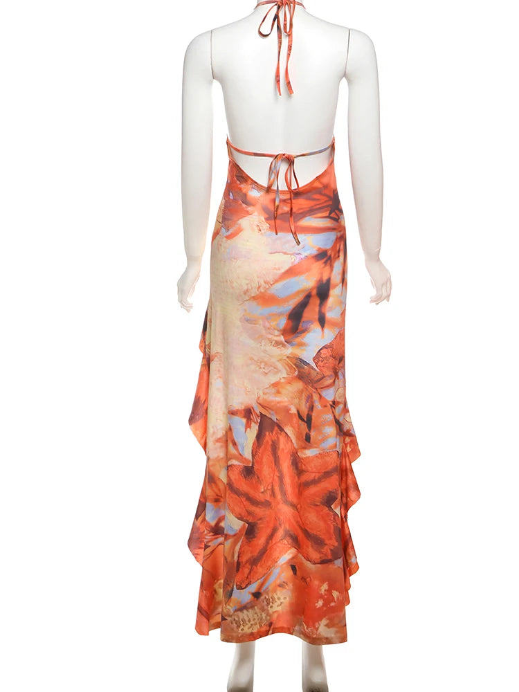 Weird Puss Halter Metal Buckle Dress Women Y2K Hollow Backless Summer Trend High Split Ruffles Sexy Elegant Bandage Maxi Bodycon