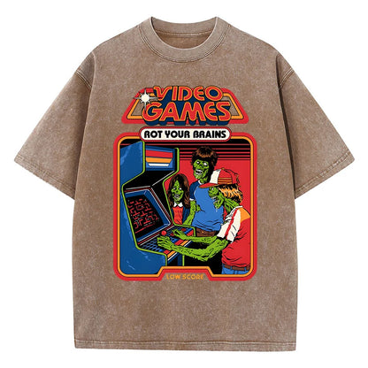 Video Games Rot Your Brains Washed Retro Mens T-Shirt Cotton Loose Tees Cotton Oversize Streetwear Breathable Tshirt Couple