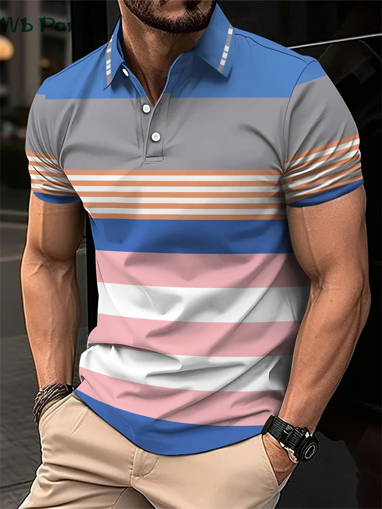 Striped Print Men's Shirts Fashion T shirt Men Simple Men's Clothing Lapel Shirts for Men Men's Clothing 2024 Mens Polo Shirts