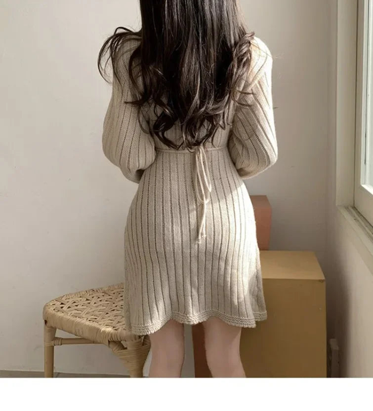 Korean Chic Autumn Gentle V-neck Linen Pattern Design Slimming Long Sleeve A- line Knitted Dress High Collar Ankle-length Dress