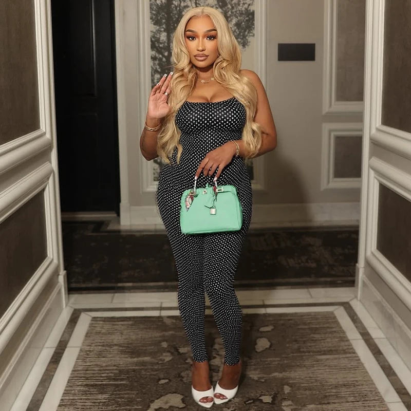 CUTENOVA Women'S Fall New Polka Dot Print Strapless Slim-Fit Off-Shoulder Cropped Jumpsuit Casual Chic Elegant Bodycon Jumpsuit