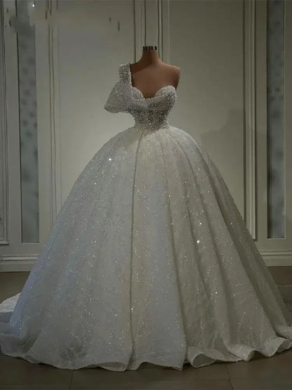 Customized One Shoulder Heavy Pearls Beads Ballgown Wedding Dresses Robe De Mariée Princess Fluffy Sparkle Sequins Bridal Gown