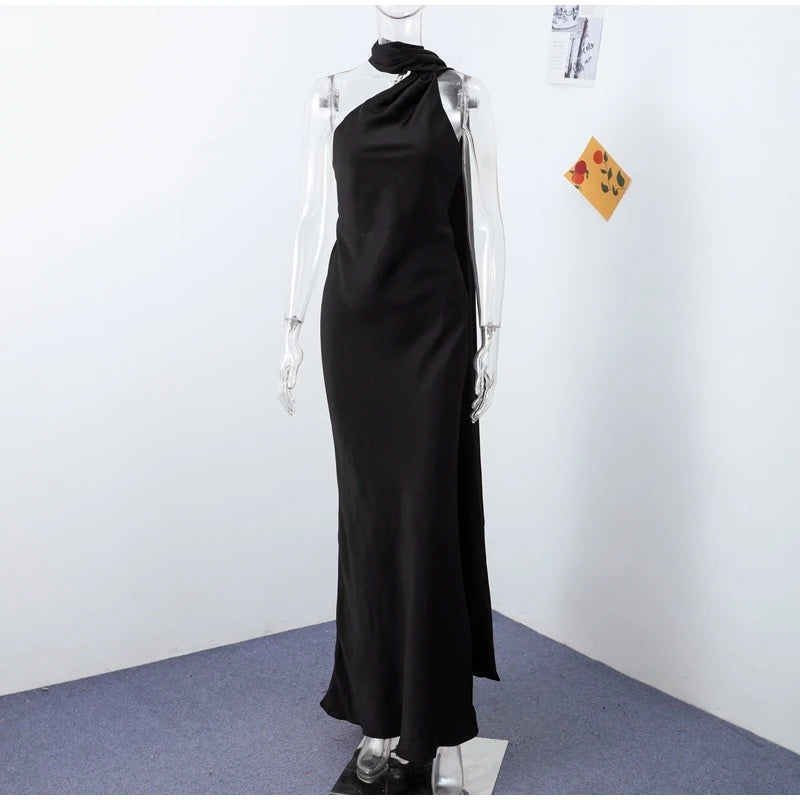 Elegant Ribbon Halter Dress Women Solid Off Shoulder Sleeveless Backless Slim Maxi Dresses 2026 Summer Autumn Party Robes Lady